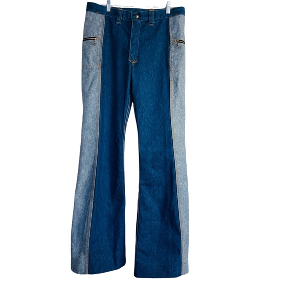 Rare 1970's Vintage Lee's High Waisted Two Toned Patchwork Bell Bottom Jeans - Picture 3 of 12